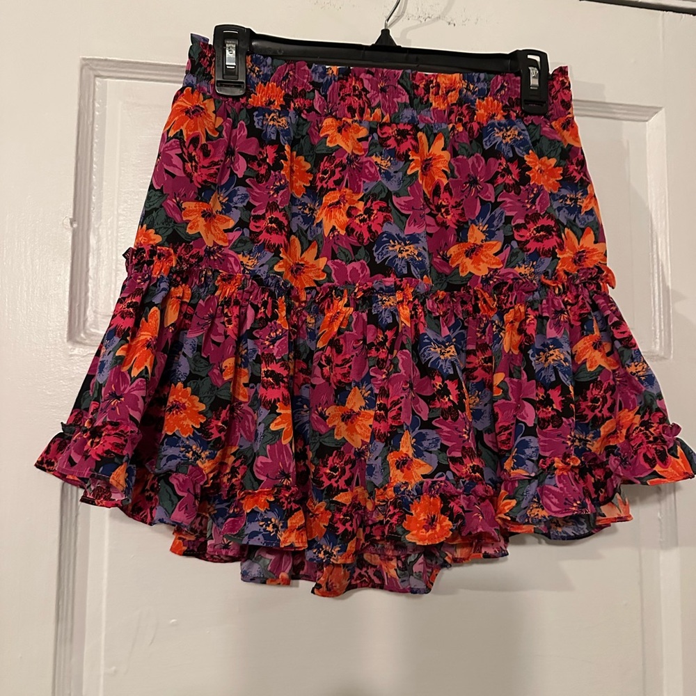 THML Floral Ruffle Mini Skirt in Black, Orange & Pink
